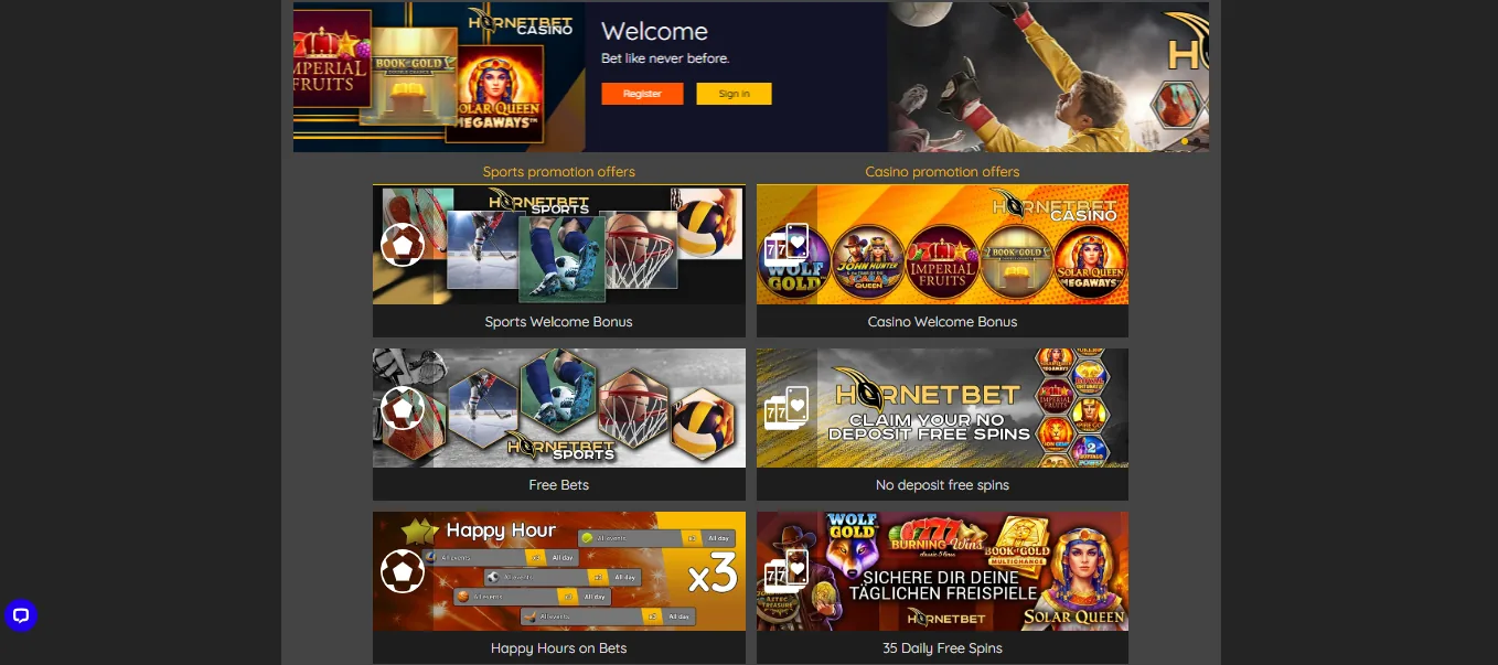 Screenshot of HornetBet's welcome bonus offer