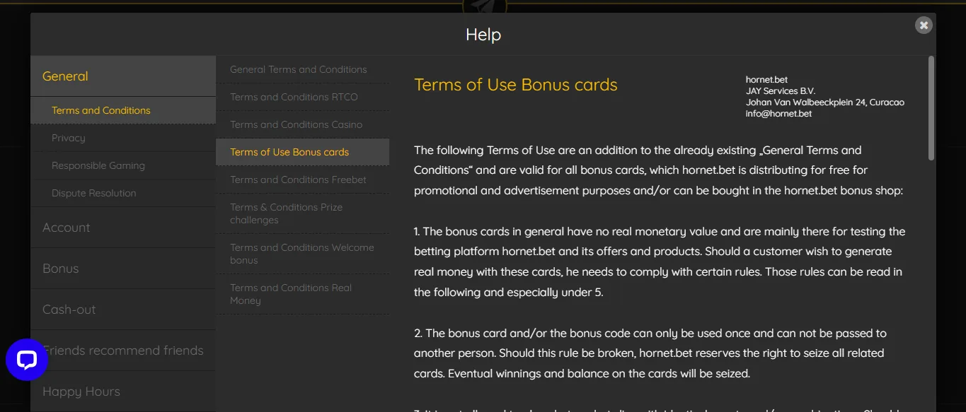 Screenshot of HornetBet's bonus terms and wagering requirements