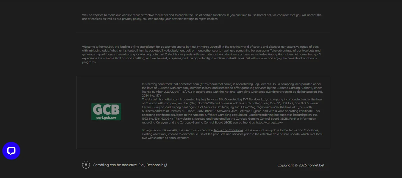 Screenshot of HornetBet's footer licence and regulator details