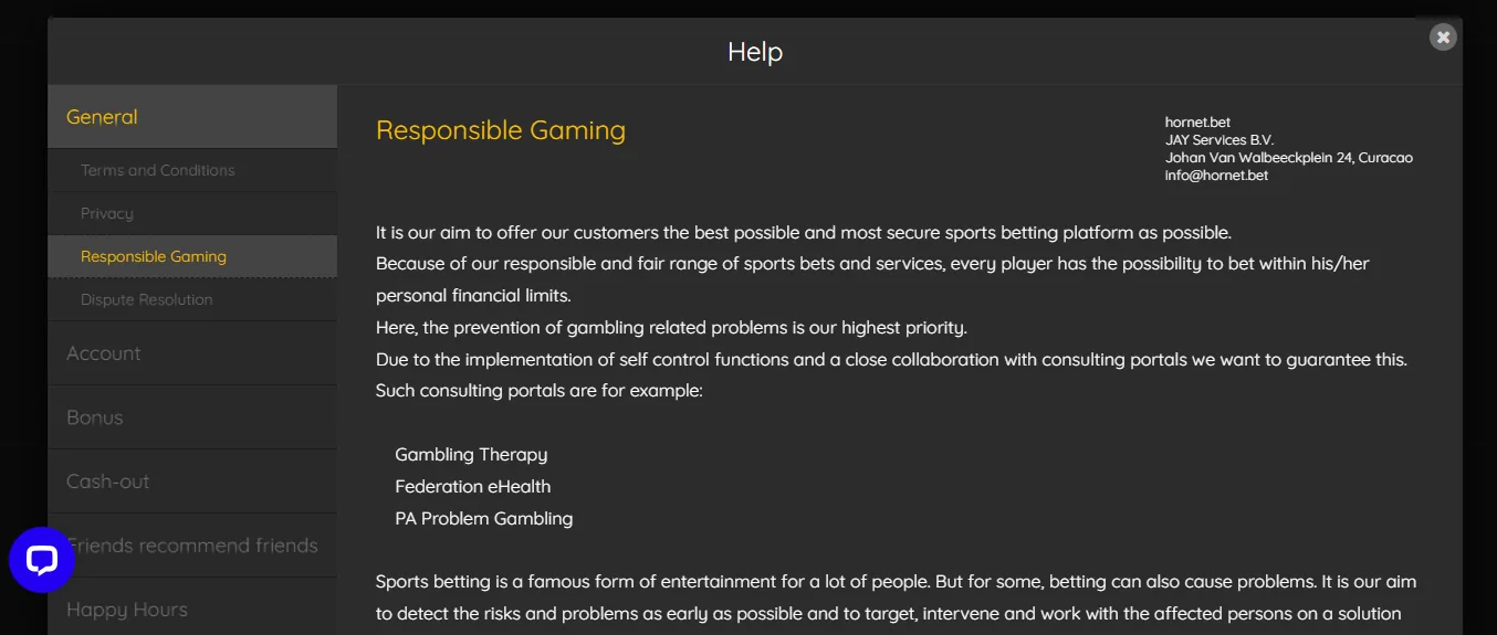 Screenshot of HornetBet's responsible-gambling tools