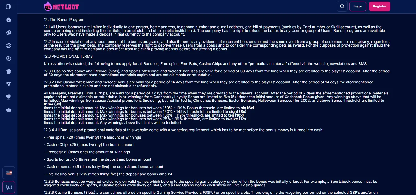 Screenshot of HotLoot's bonus terms and wagering requirements