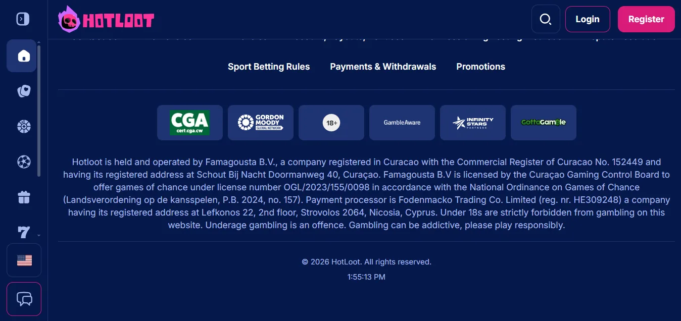 Screenshot of HotLoot's footer licence and regulator details