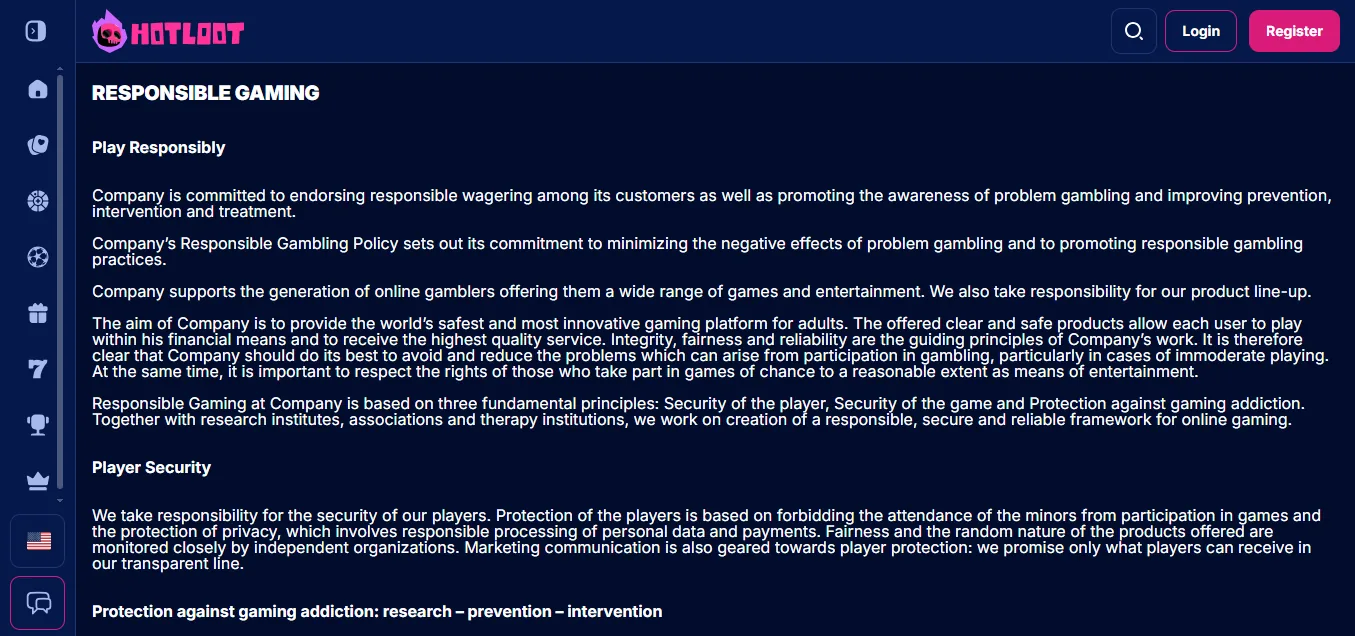 Screenshot of HotLoot's responsible-gambling tools