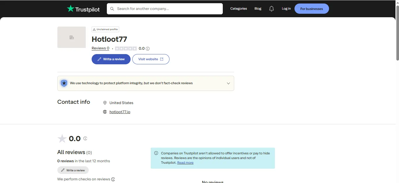 Screenshot of HotLoot's Trustpilot rating overview