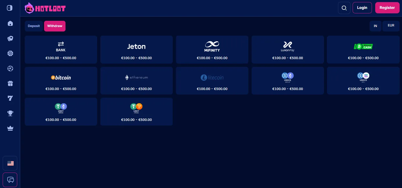 Screenshot of HotLoot's withdrawal section and limits