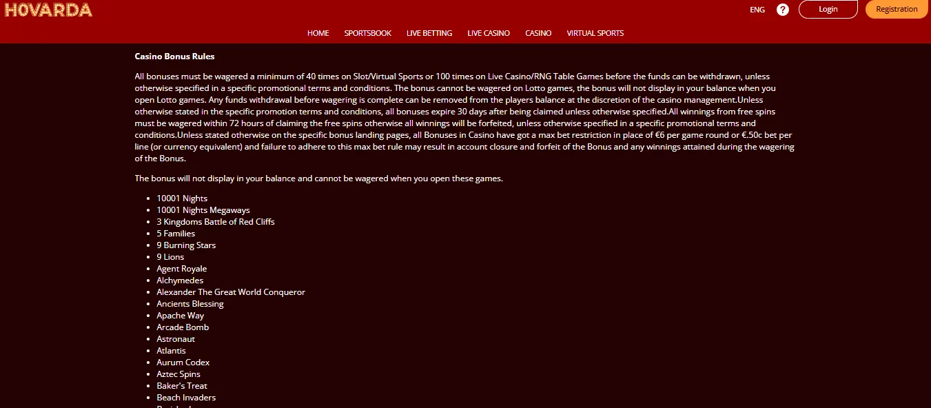 Screenshot of Hovarda's bonus terms and wagering requirements