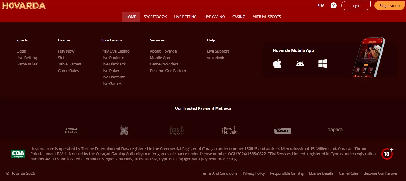 Screenshot of Hovarda's footer licence and regulator details