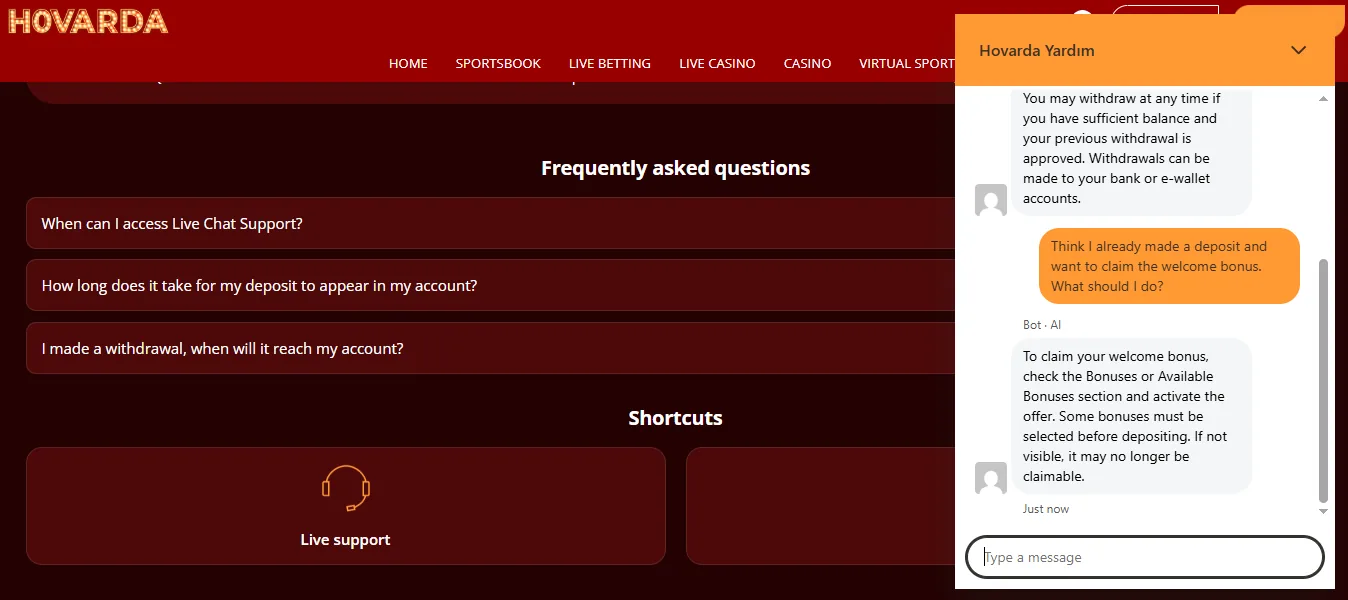 Screenshot of Hovarda's live chat support window