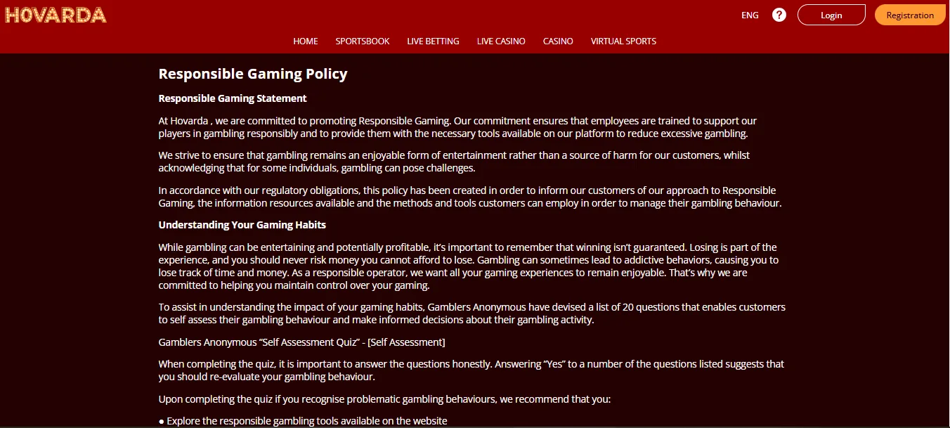 Screenshot of Hovarda's responsible-gambling tools