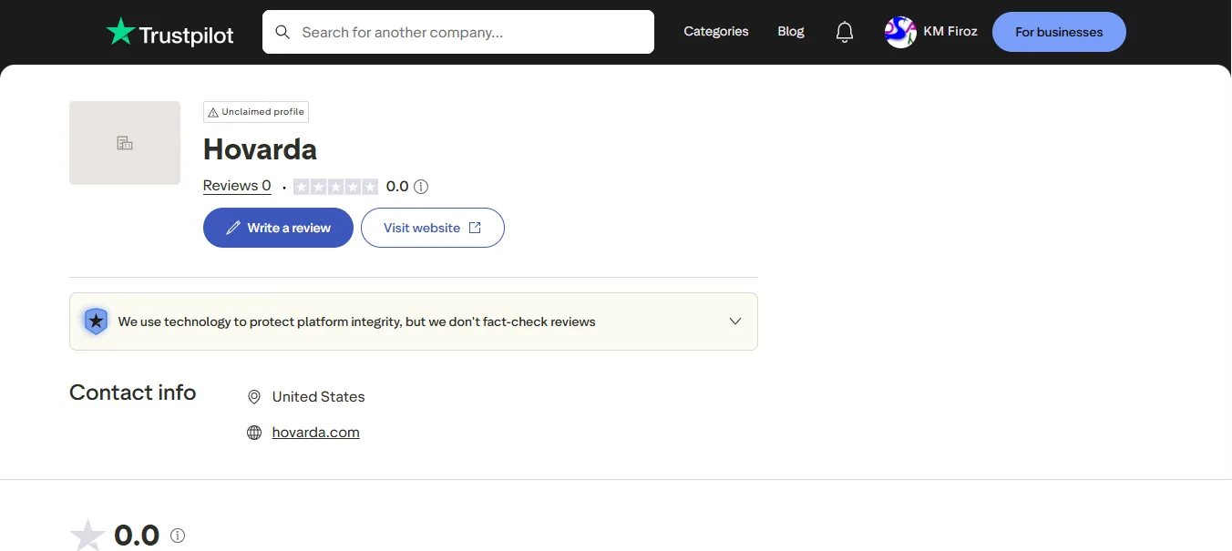 Screenshot of Hovarda's Trustpilot rating overview