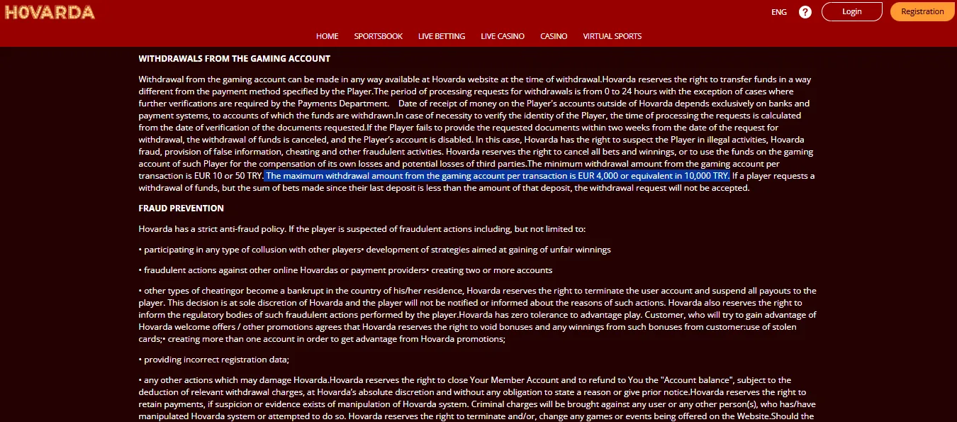 Screenshot of Hovarda's withdrawal section and limits