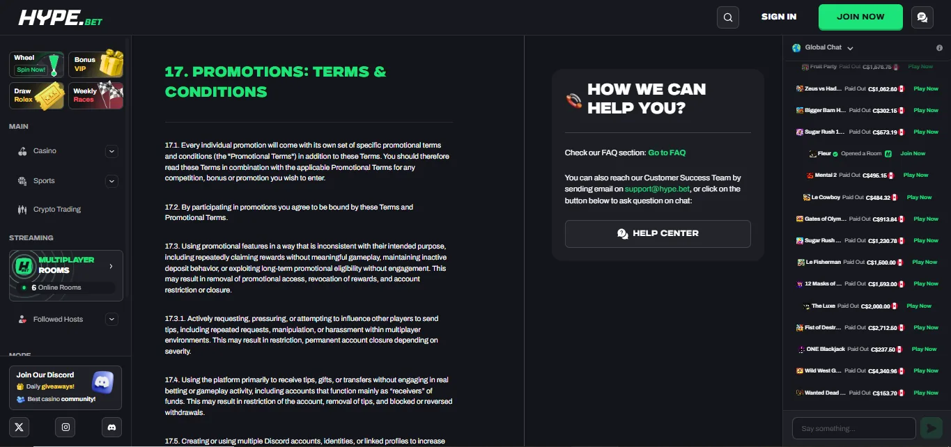Screenshot of Hype Bet's bonus terms and wagering requirements