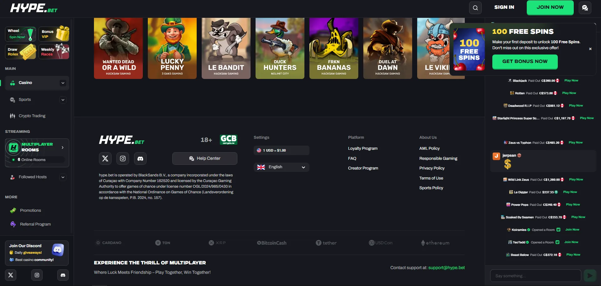 Screenshot of Hype Bet's cashier and payment methods
