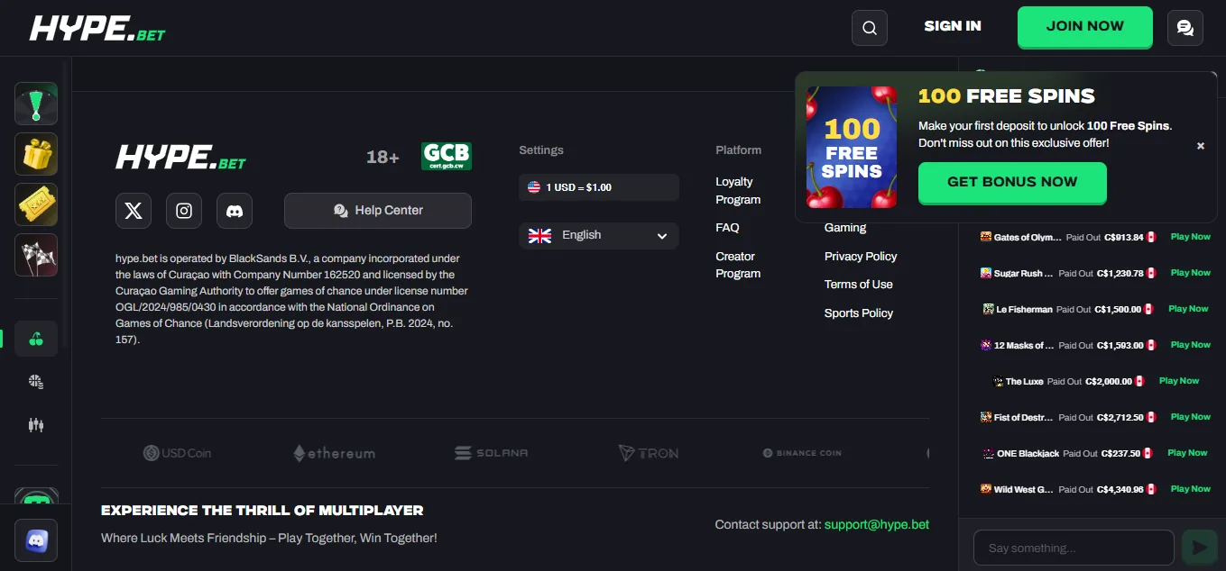 Screenshot of Hype Bet's footer licence and regulator details