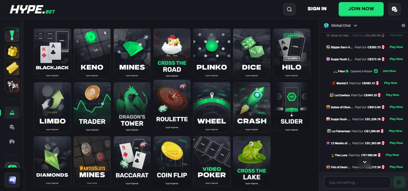Screenshot of Hype Bet's games lobby