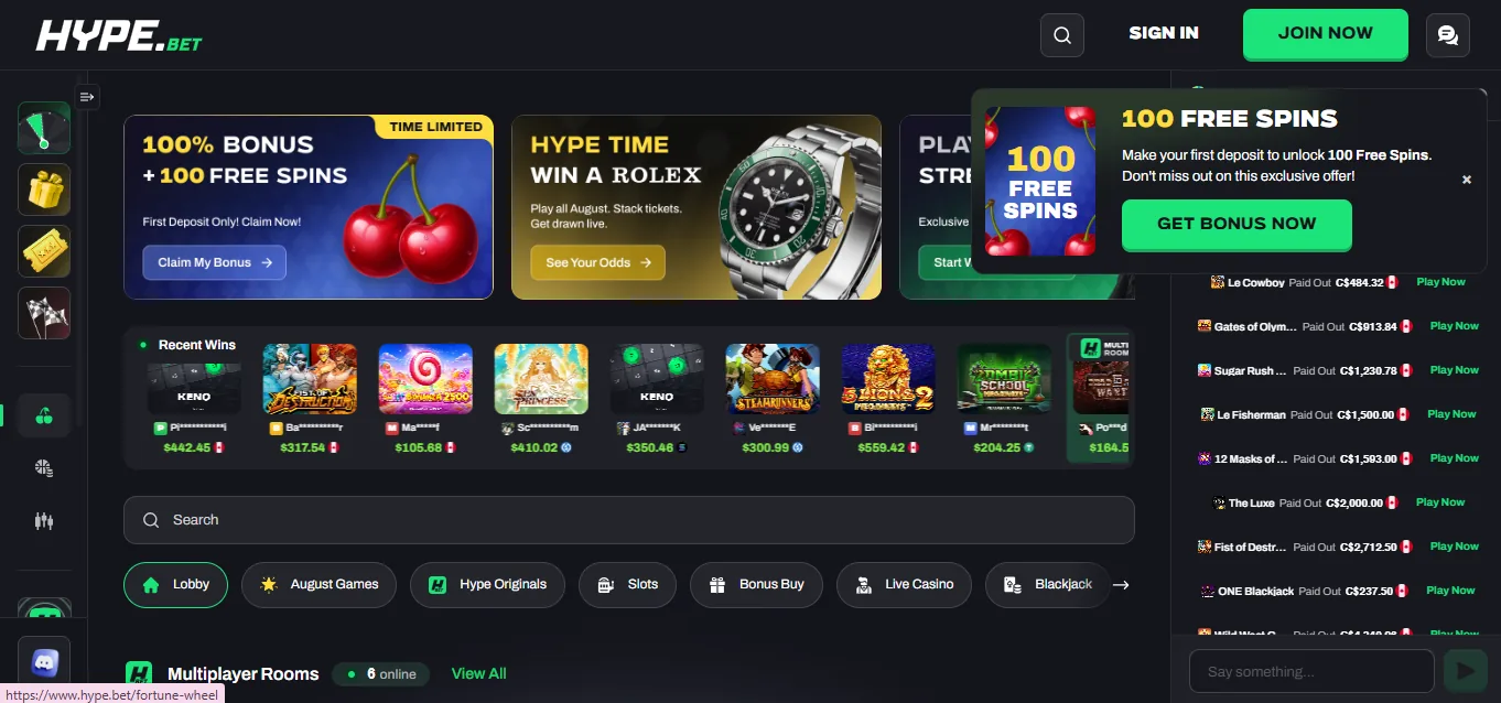 Screenshot of Hype Bet's homepage