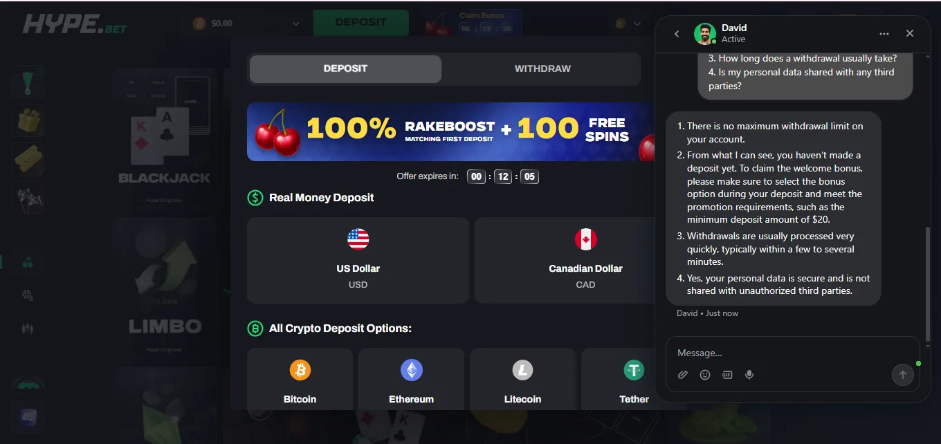 Screenshot of Hype Bet's live chat support window