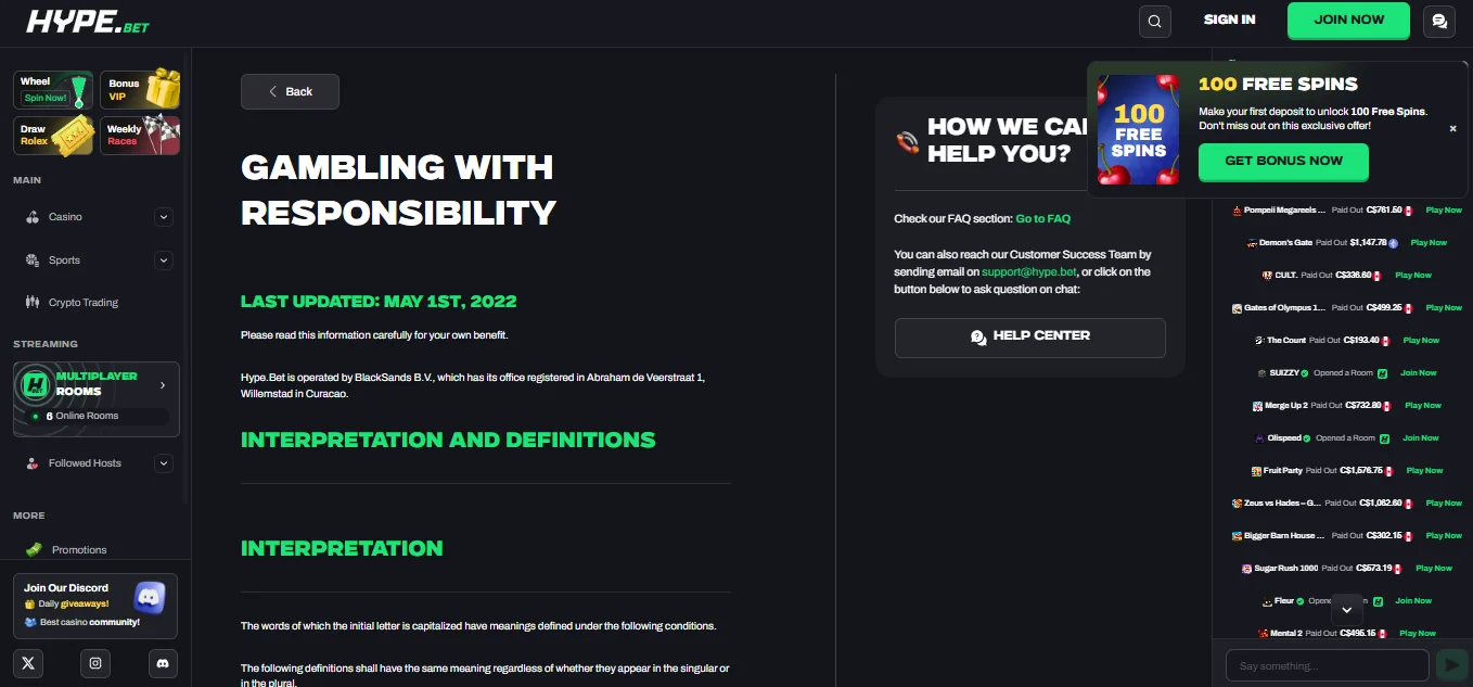 Screenshot of Hype Bet's responsible-gambling tools