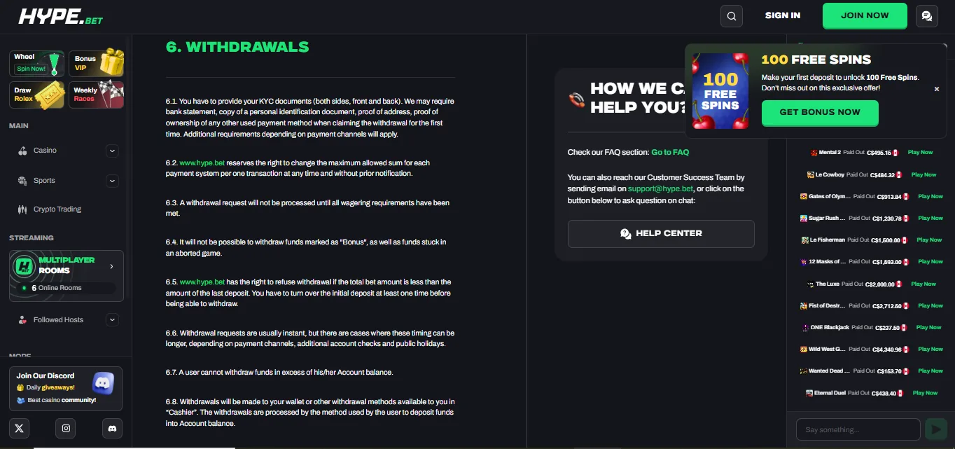 Screenshot of Hype Bet's withdrawal section and limits