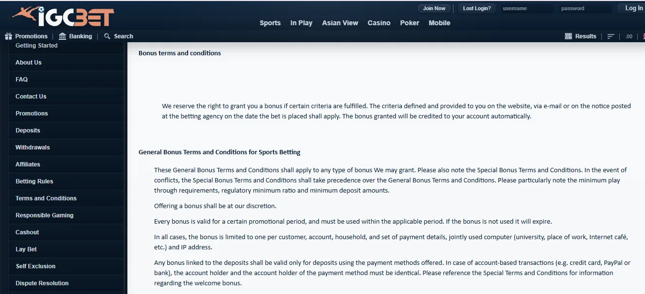 Screenshot of IGC Bet's bonus terms and wagering requirements