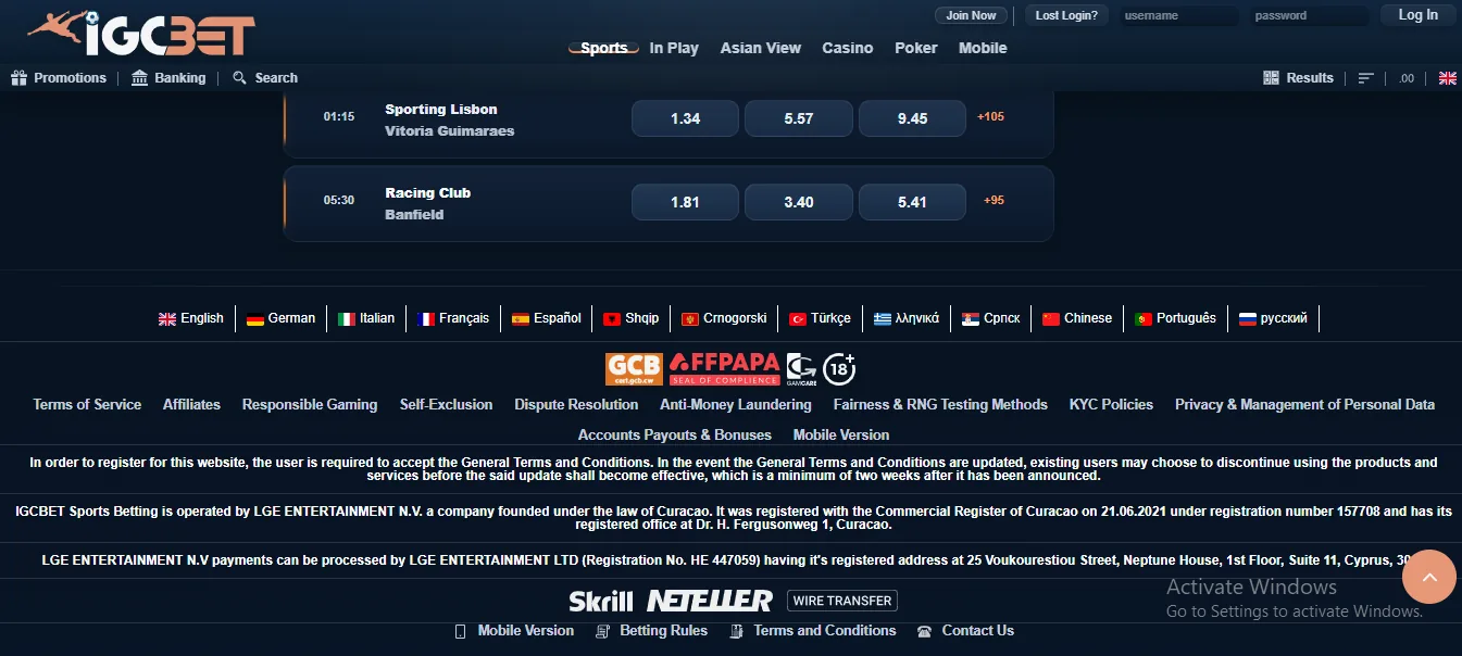 Screenshot of IGC Bet's footer licence and regulator details