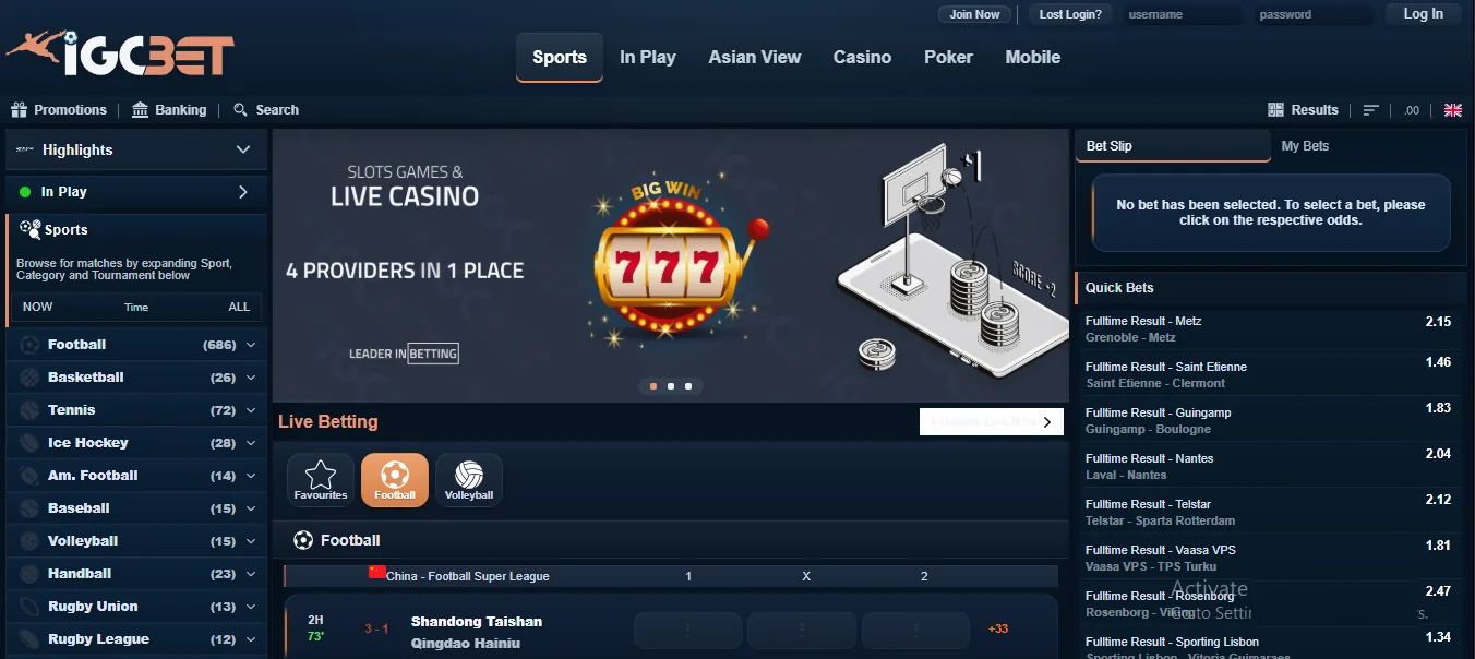 Screenshot of IGC Bet's homepage