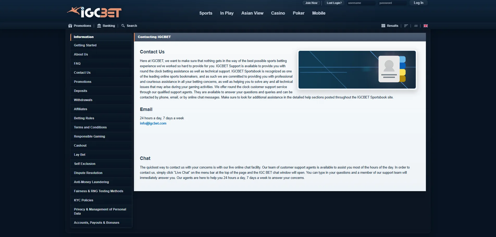 Screenshot of IGC Bet's live chat support window