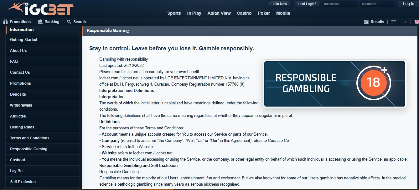 Screenshot of IGC Bet's responsible-gambling tools