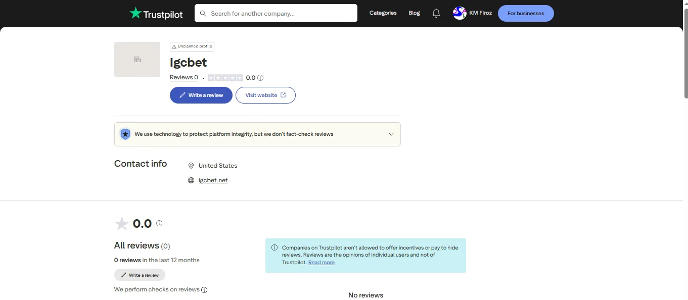 Screenshot of IGC Bet's Trustpilot rating overview