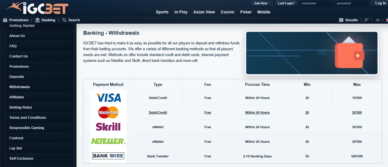 Screenshot of IGC Bet's withdrawal section and limits