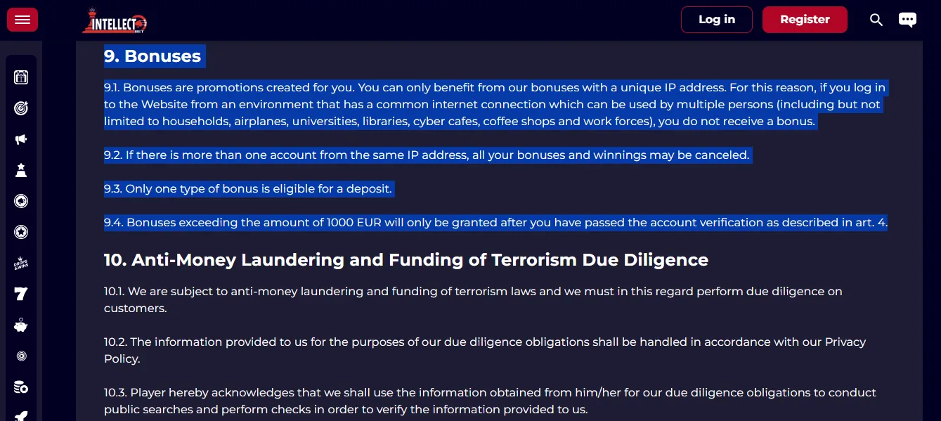 Screenshot of Intellect Bet's bonus terms and wagering requirements