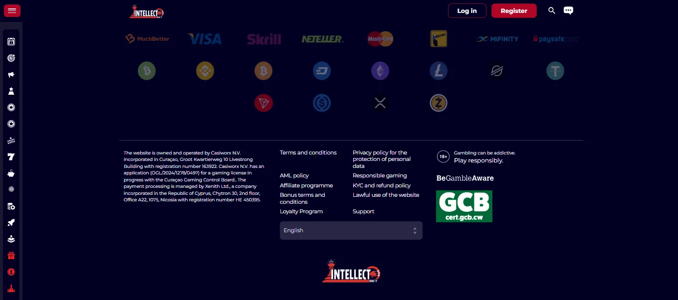 Screenshot of Intellect Bet's footer licence and regulator details