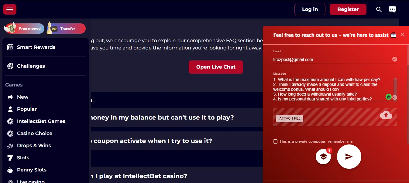 Screenshot of Intellect Bet's live chat support window