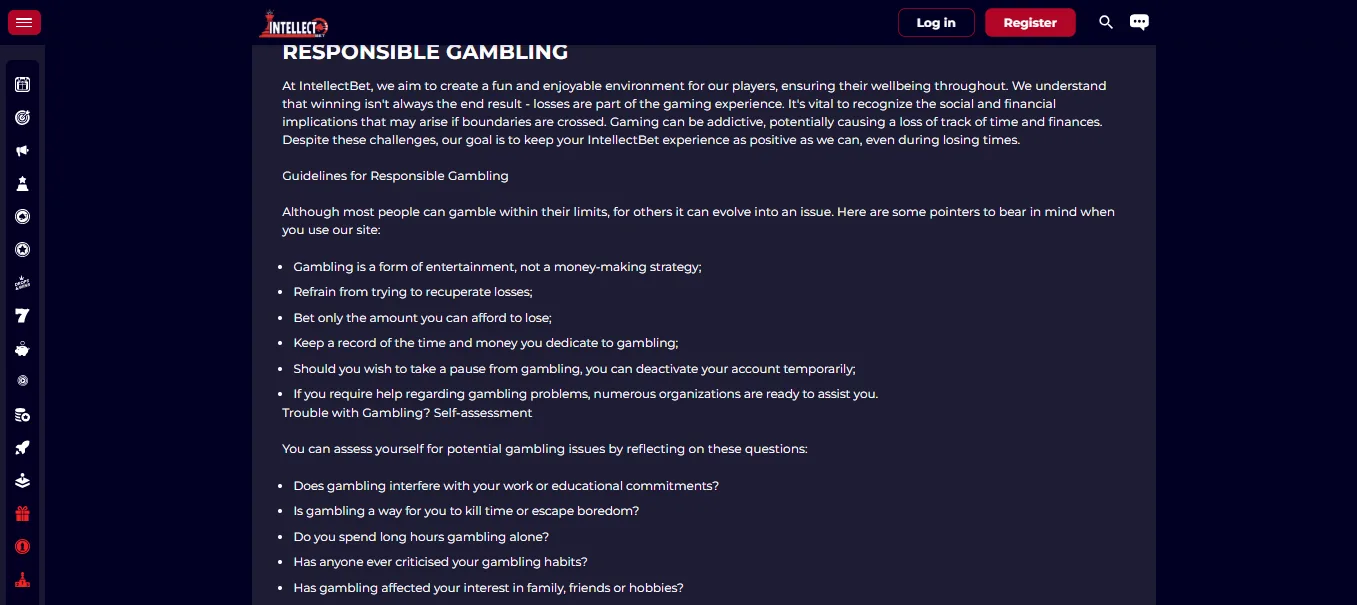 Screenshot of Intellect Bet's responsible-gambling tools