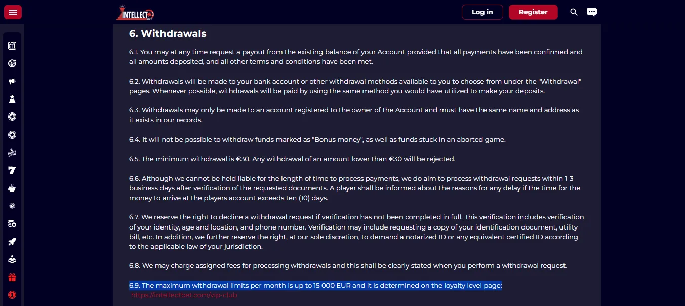 Screenshot of Intellect Bet's withdrawal section and limits