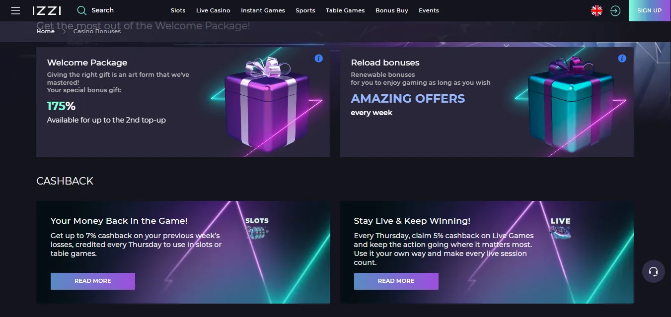 Screenshot of Izzi Casino's welcome bonus offer