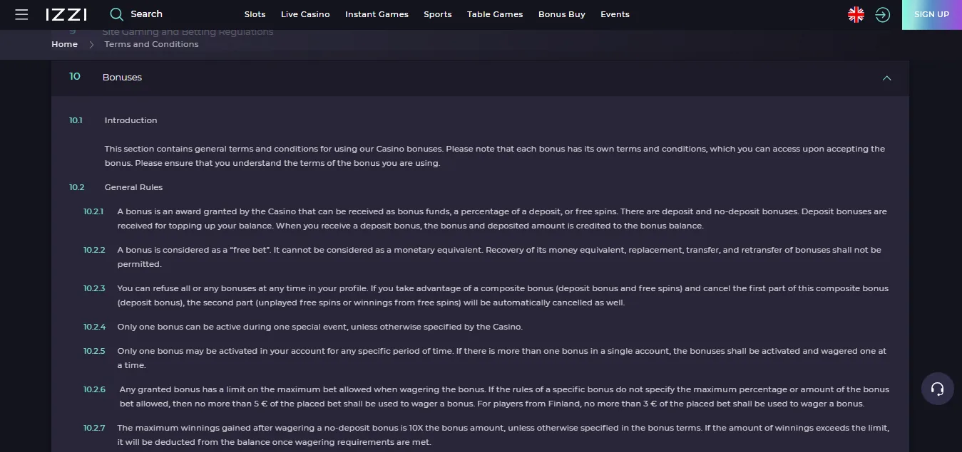 Screenshot of Izzi Casino's bonus terms and wagering requirements