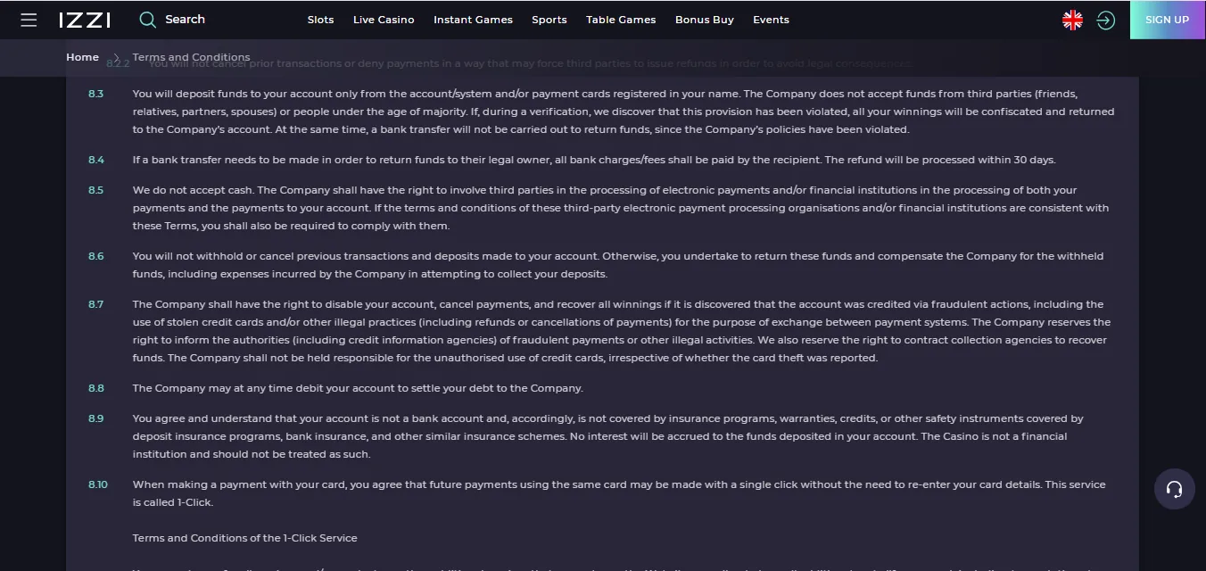 Screenshot of Izzi Casino's cashier and payment methods