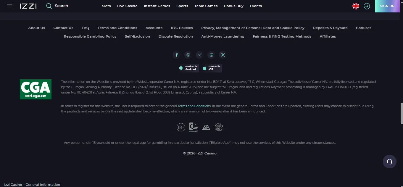 Screenshot of Izzi Casino's footer licence and regulator details