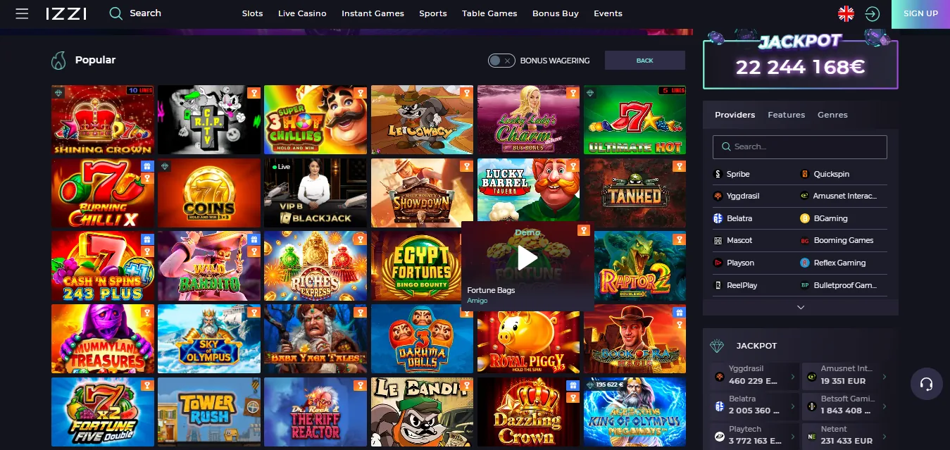 Screenshot of Izzi Casino's games lobby