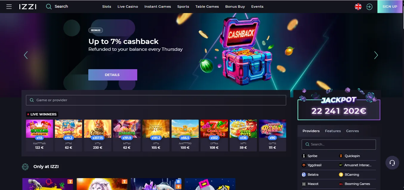 Screenshot of Izzi Casino's homepage