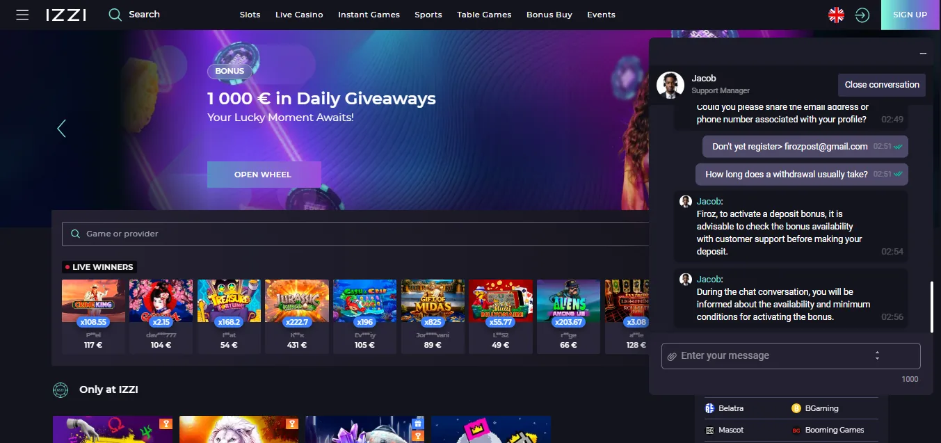 Screenshot of Izzi Casino's live chat support window