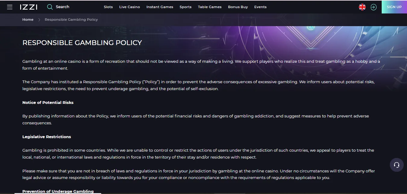 Screenshot of Izzi Casino's responsible-gambling tools