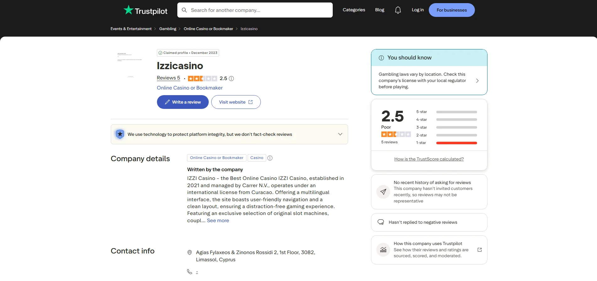 Screenshot of Izzi Casino's Trustpilot rating overview