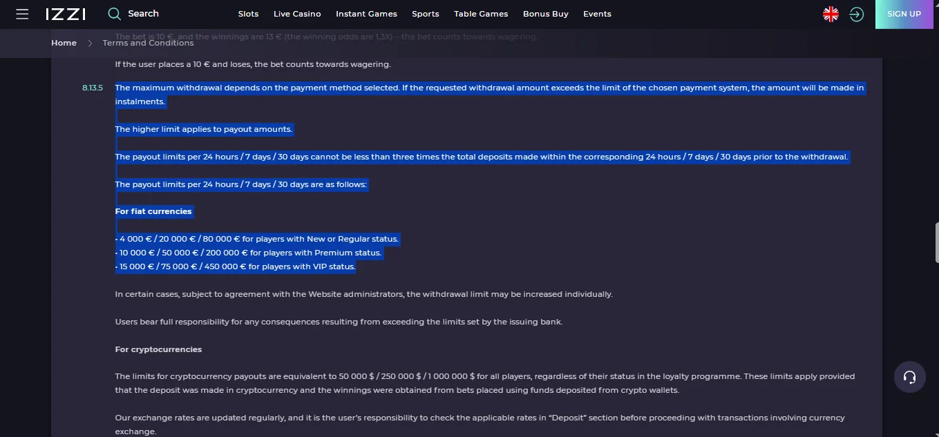 Screenshot of Izzi Casino's withdrawal section and limits