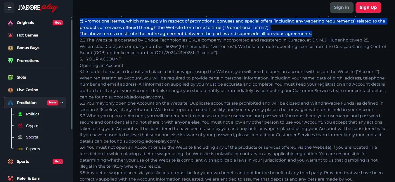 Screenshot of Jadoerplay's bonus terms and wagering requirements