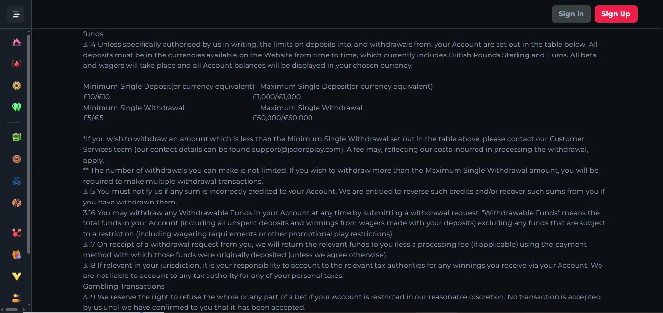 Screenshot of Jadoerplay's cashier and payment methods