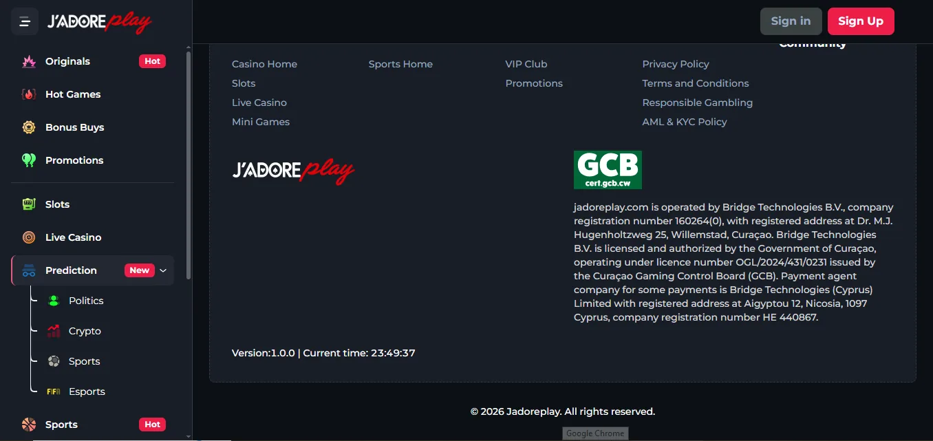 Screenshot of Jadoerplay's footer licence and regulator details
