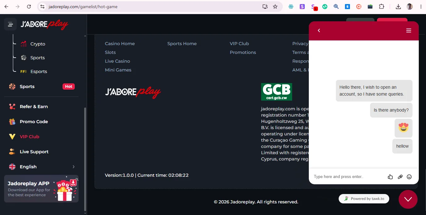 Screenshot of Jadoerplay's live chat support window