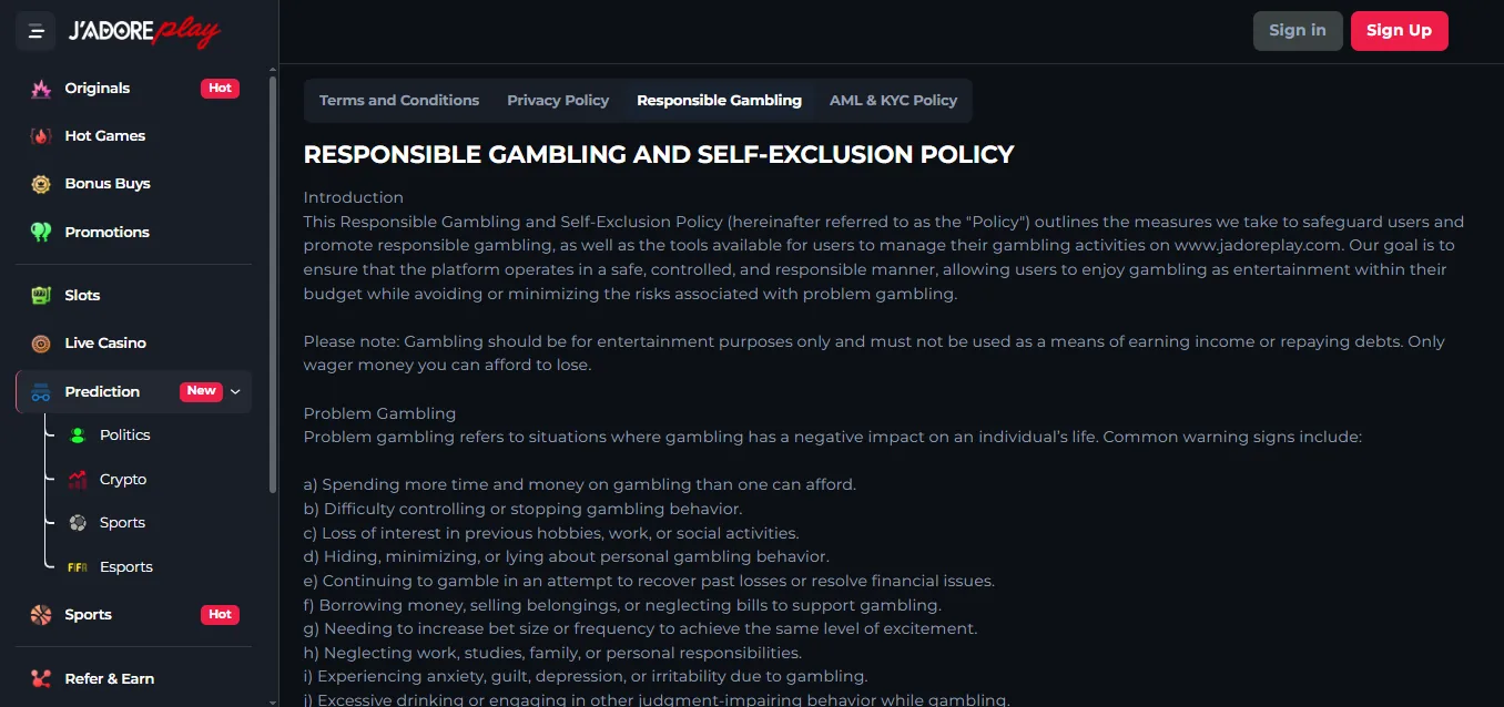 Screenshot of Jadoerplay's responsible-gambling tools